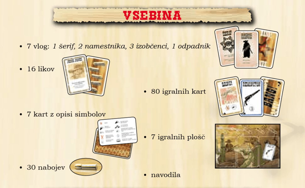 BANG! vsebina škatle: vloge, liki, karte, igralne plošče, naboji in navodila